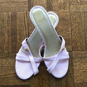 Lilly Pulitzer Pink seersucker kitten heel mules